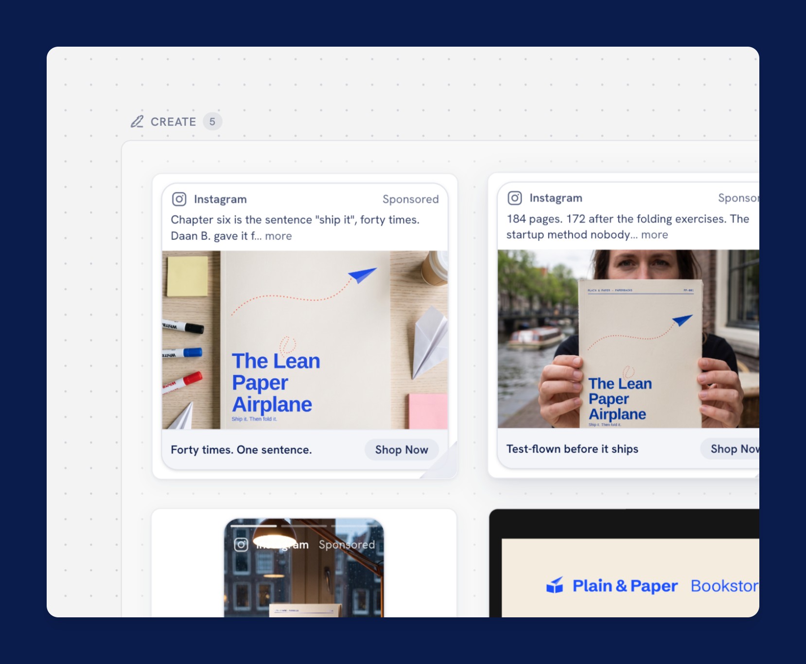 The Create phase of a Plainpaper board, holding finished Instagram ads and a bookstore landing page as separate cards