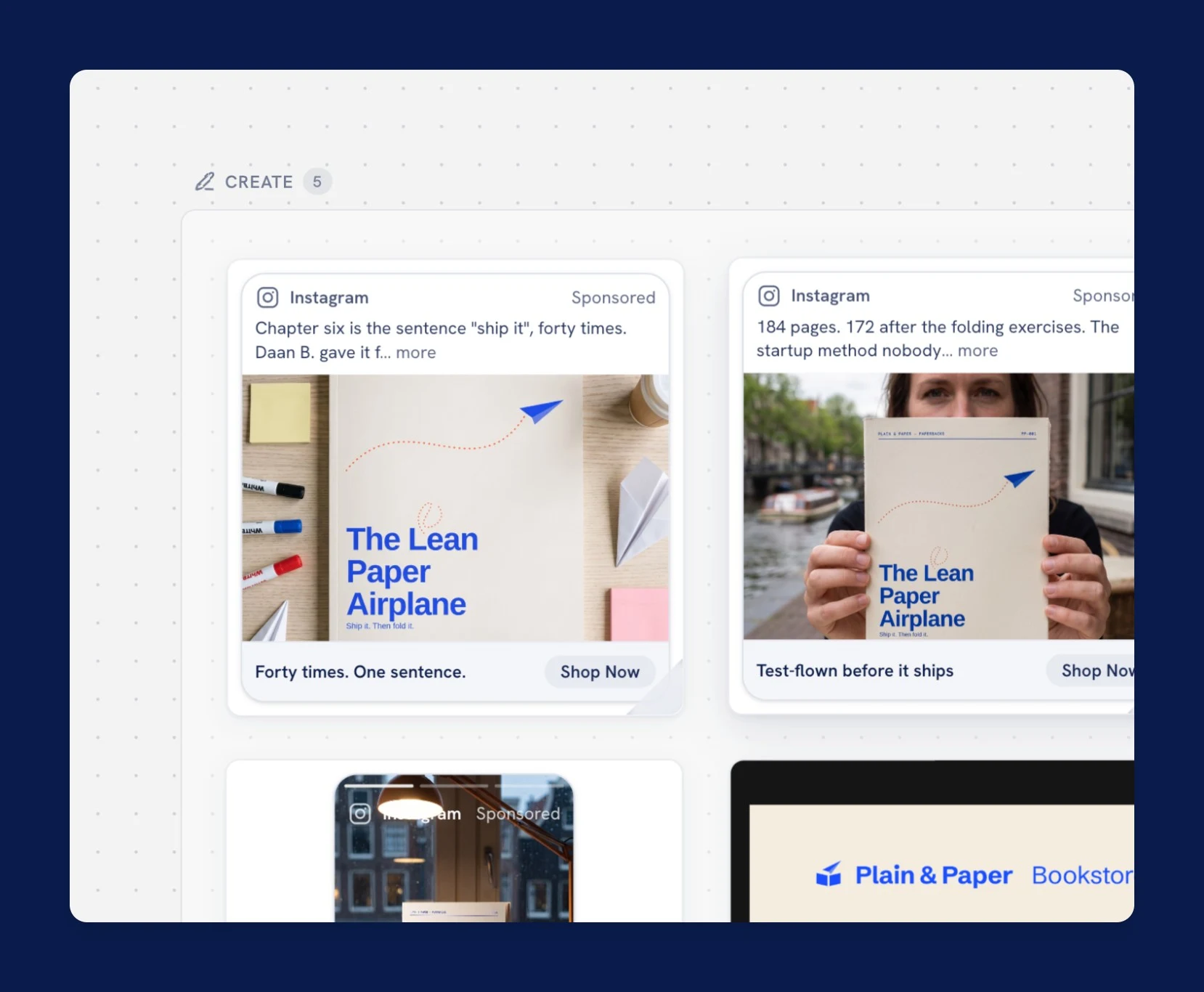 The Create phase of a Plainpaper board, holding finished Instagram ads and a bookstore landing page as separate cards