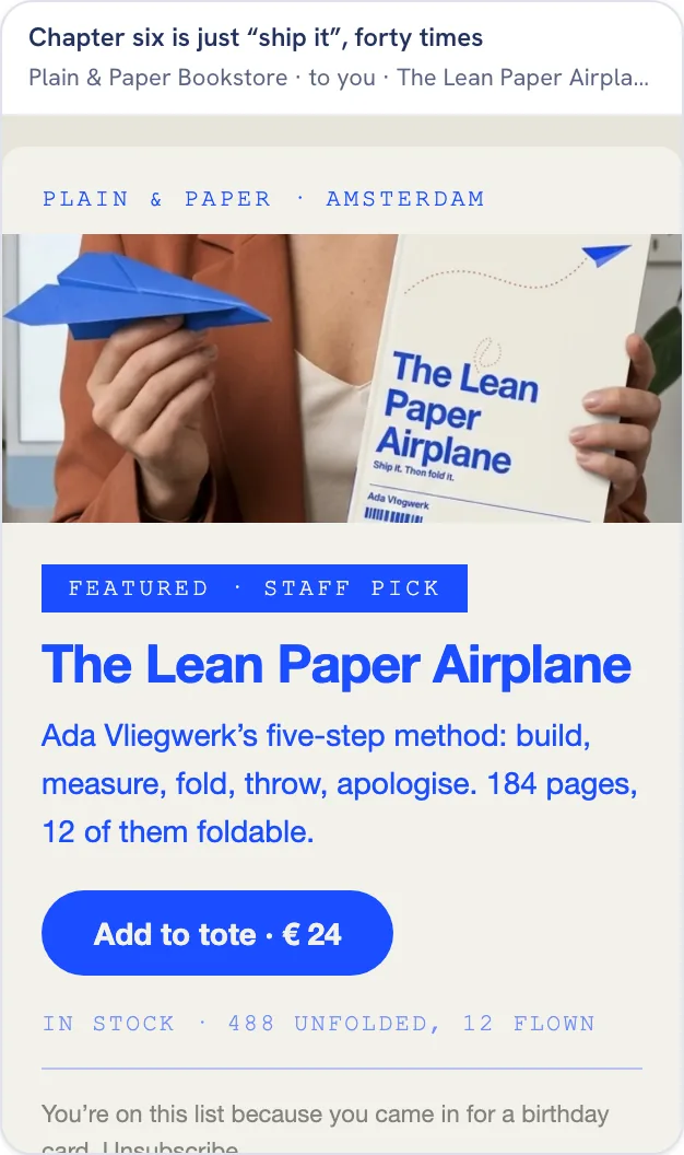 The sample email for The Lean Paper Airplane, opened in an inbox frame with its subject line, sender and preheader above the rendered HTML