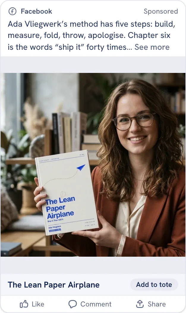 The sample ad staged as a Facebook Feed post: copy above a square photo, with a headline and Add to tote button beneath