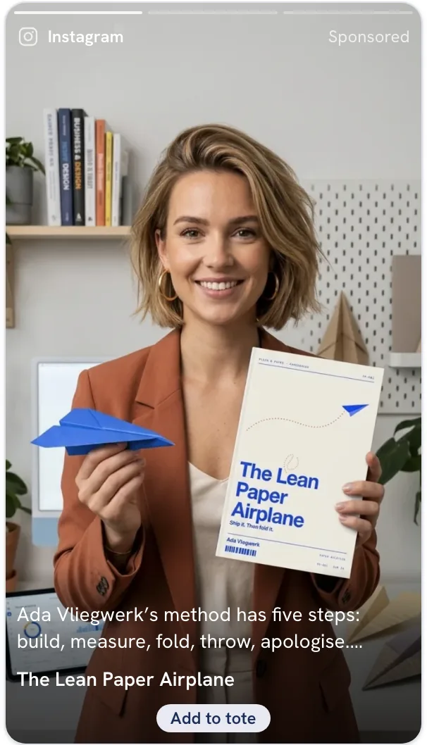 The sample ad staged as a full-screen Instagram Reel, with the caption, CTA and music line across the bottom third