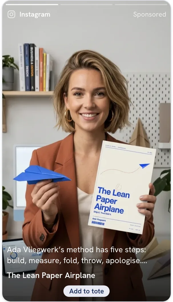 The sample ad staged as a full-screen Instagram Story, with the profile header at the top and the caption and CTA at the bottom