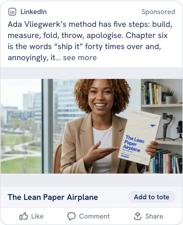 The sample ad staged as a LinkedIn Feed post: intro copy above a landscape photo, with a headline bar beneath