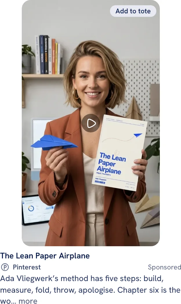 The sample video ad staged as a Pinterest Video Pin: a full-height vertical frame with the title beneath