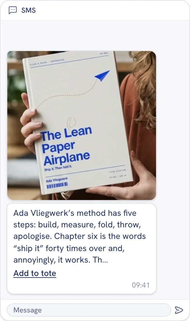 The sample campaign as a text message thread: a photo of the book sent as MMS, then the message with an Add to tote link