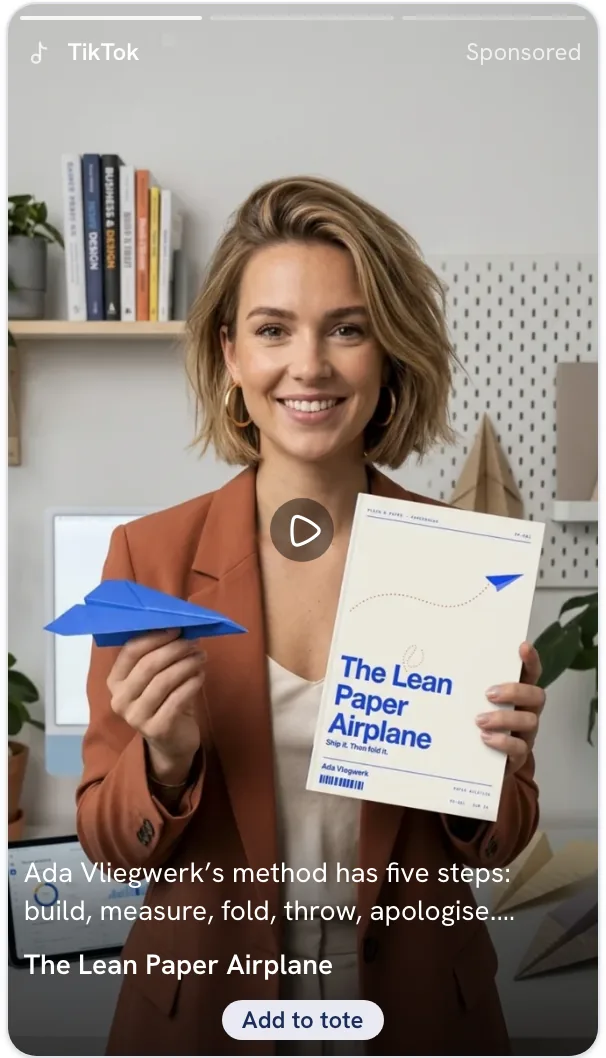 The sample video ad staged in the TikTok For You feed, with the caption, title and Add to tote button at the bottom