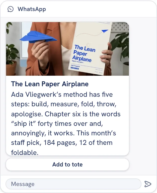 The sample campaign as a WhatsApp Business message: a header image, a bold title and the body in one bubble, with an Add to tote button beneath