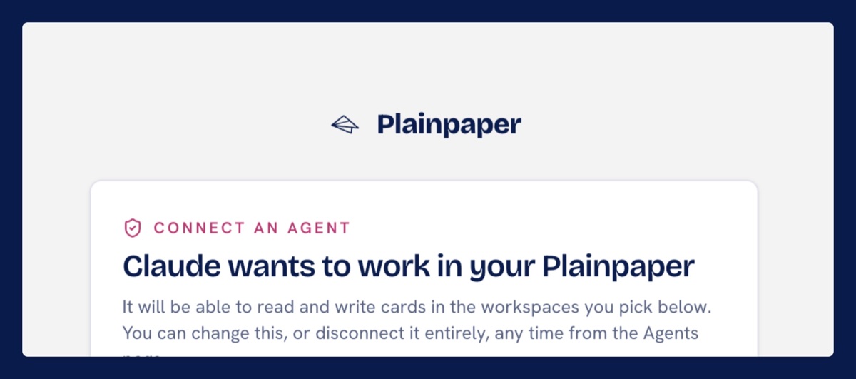 Plainpaper's connect screen, telling you Claude wants to read and write cards in the workspaces you pick
