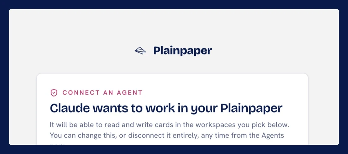 Plainpaper's connect screen, telling you Claude wants to read and write cards in the workspaces you pick