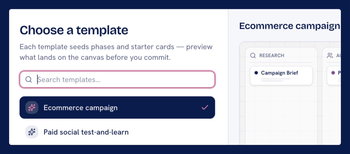 The template picker with Ecommerce campaign selected, previewing the phases and starter cards it seeds