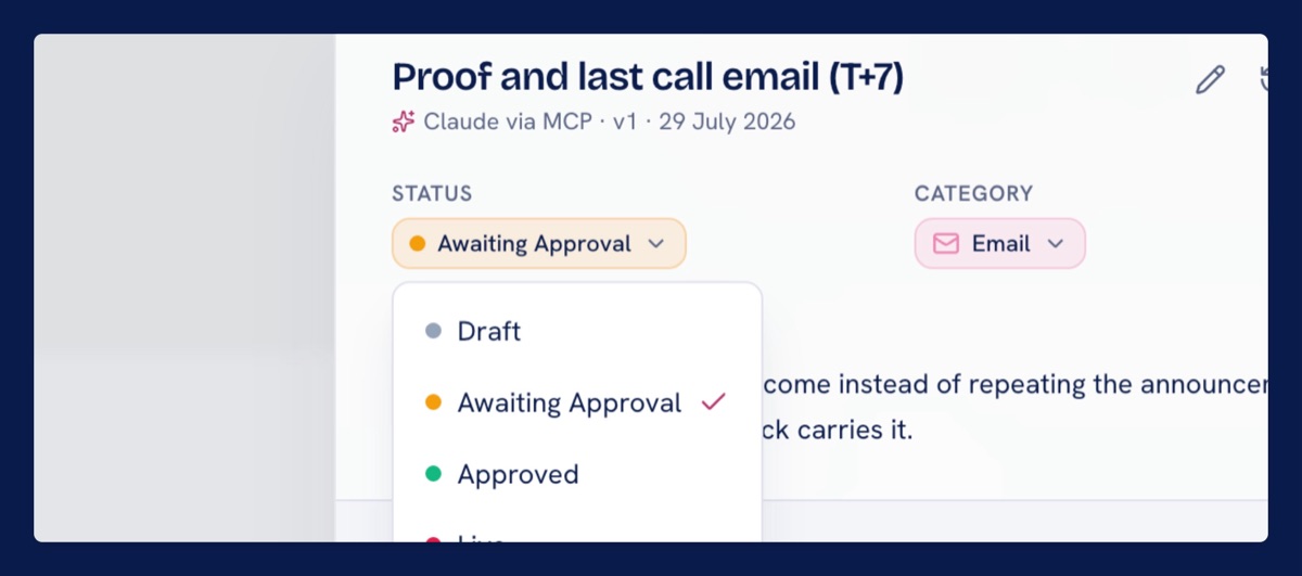 An email card written by Claude via MCP, with its status dropdown open on Draft, Awaiting Approval, and Approved