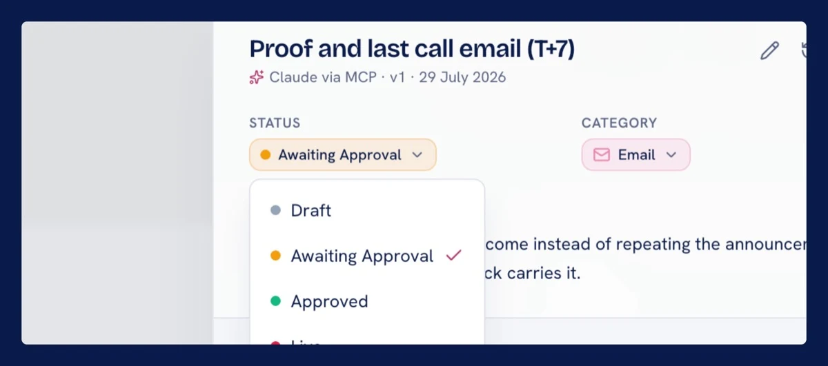 An email card written by Claude via MCP, with its status dropdown open on Draft, Awaiting Approval, and Approved